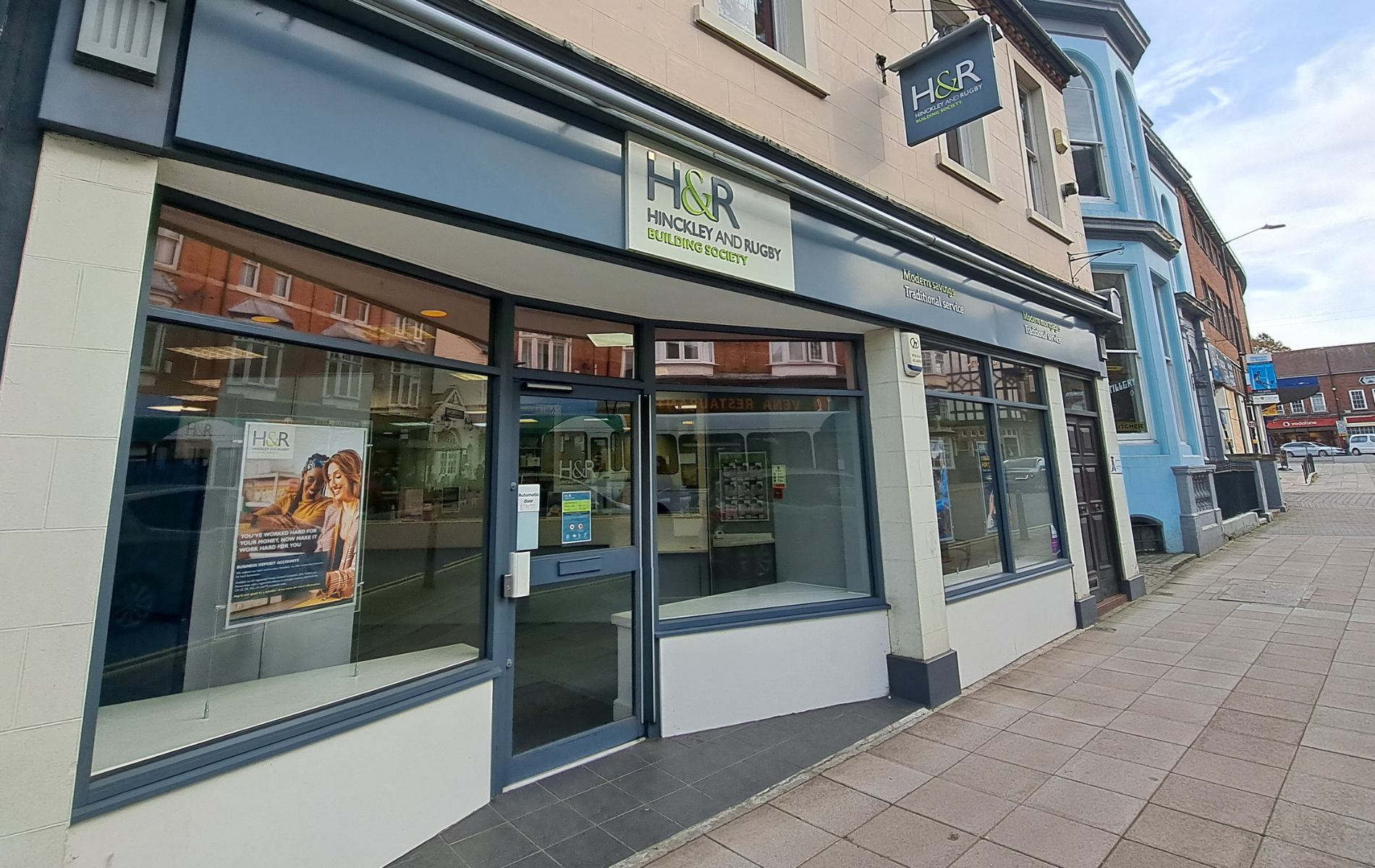 Image of the outside of the Hinckley & Rugby Building Society Rugby branch.