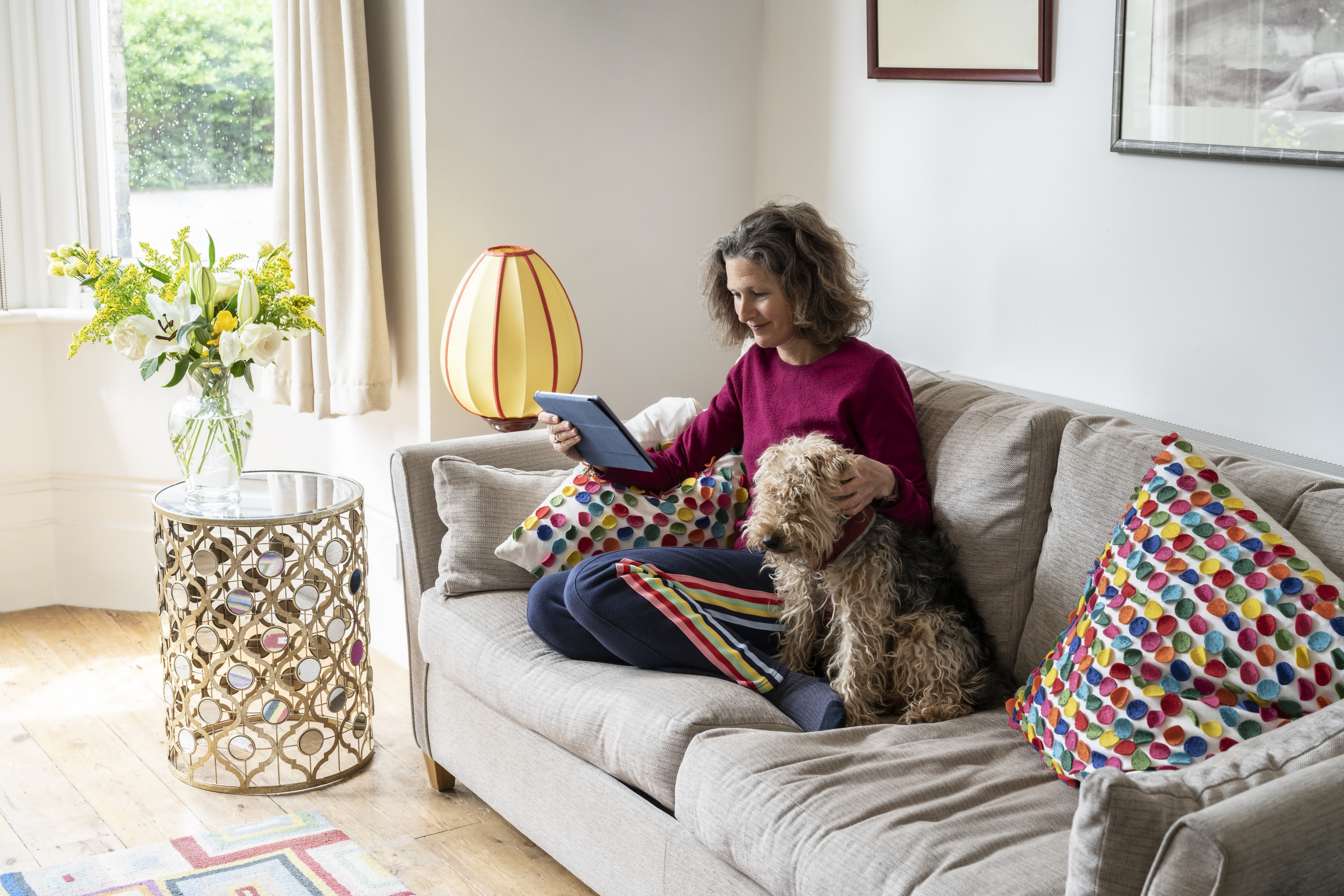 Woman relaxing on sofa at home with dog reading digital tablet.
