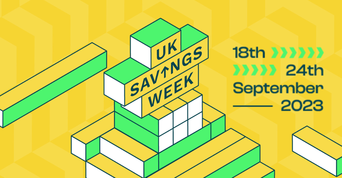 Yellow and green illustration of the UK Savings Week logo with the dates 18th - 24th September 2023.