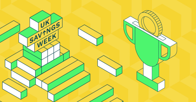 Illustration of UK Savings Week logo and savings graphic icon of a trophy with a coin going into it.