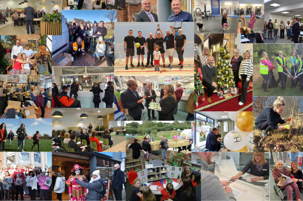 A collage of images of the Society colleagues doing various activities such as, planting trees, holding a trophy, helping customers in branches, volunteering, etc.