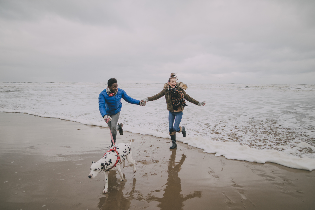 A young couple run away from the waves whilst walking their dog on a winter beach.