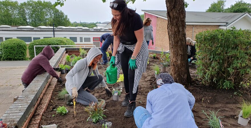 Image shows Volunteers planting memorial garden at the Hinckley School